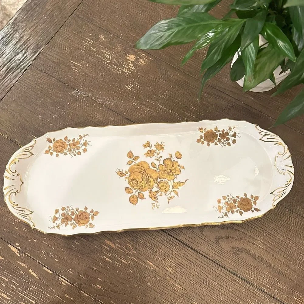 Hammersley Vintage Gold‎ Thistle 18'' Long Tray,Bone china England w/ Handles